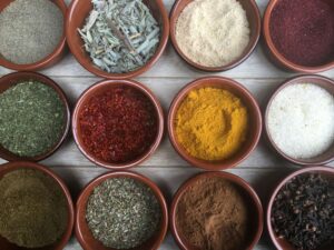 different spices in tiny bowls